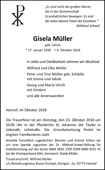 Anzeige von Gisela Müller von Kölner Stadt-Anzeiger / Kölnische Rundschau / Express