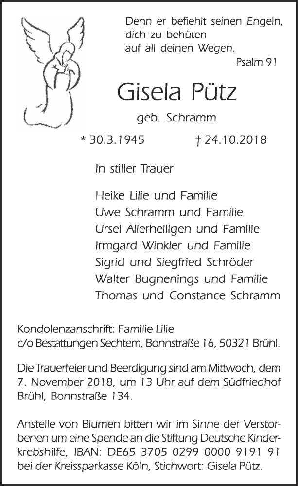  Traueranzeige für Gisela Pütz vom 31.10.2018 aus  Schlossbote/Werbekurier 