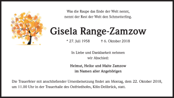 Anzeige von Gisela Range-Zamzow von Kölner Stadt-Anzeiger / Kölnische Rundschau / Express