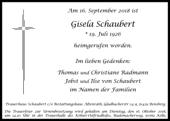 Anzeige von Gisela Schaubert von Kölner Stadt-Anzeiger / Kölnische Rundschau / Express