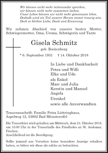 Anzeige von Gisela Schmitz von  Sonntags-Post 