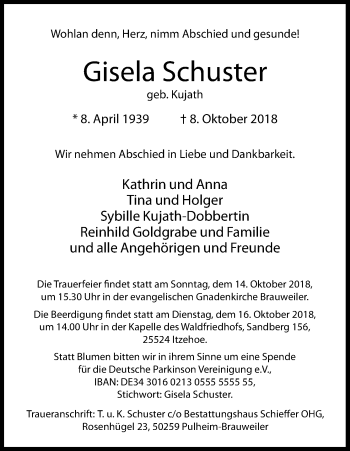 Anzeige von Gisela Schuster von Kölner Stadt-Anzeiger / Kölnische Rundschau / Express
