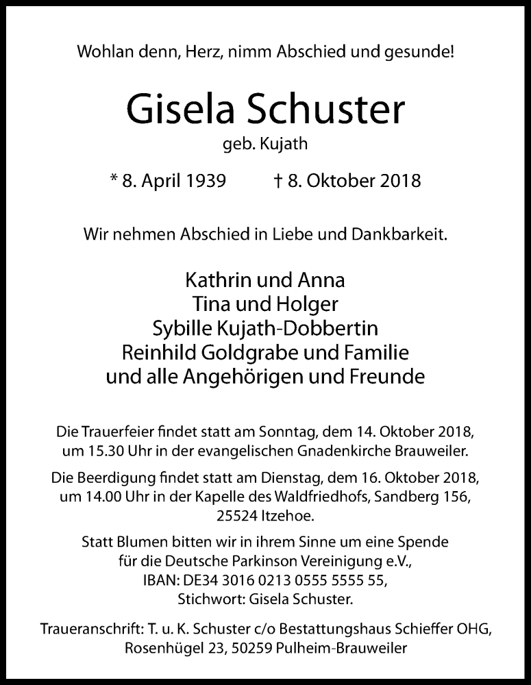  Traueranzeige für Gisela Schuster vom 13.10.2018 aus Kölner Stadt-Anzeiger / Kölnische Rundschau / Express