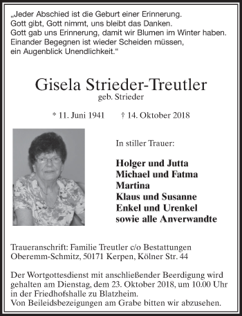 Anzeige von Gisela Strieder-Treutler von  Sonntags-Post 