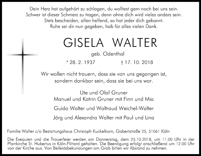  Traueranzeige für Gisela Walter vom 20.10.2018 aus Kölner Stadt-Anzeiger / Kölnische Rundschau / Express