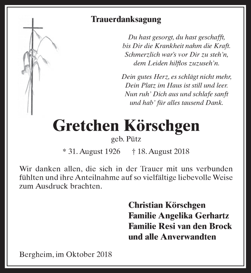  Traueranzeige für Gretchen Körschgen vom 10.10.2018 aus  Werbepost 