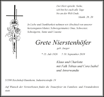 Anzeige von Grete Nierstenhöfer von  Anzeigen Echo 
