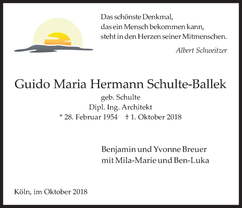  Traueranzeige für Guido Maria Hermann Schulte-Ballek vom 06.10.2018 aus Kölner Stadt-Anzeiger / Kölnische Rundschau / Express