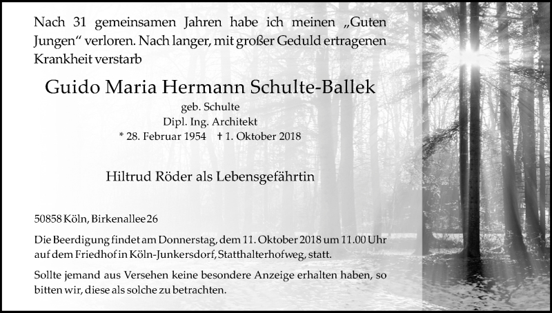  Traueranzeige für Guido Maria Hermann Schulte-Ballek vom 06.10.2018 aus Kölner Stadt-Anzeiger / Kölnische Rundschau / Express