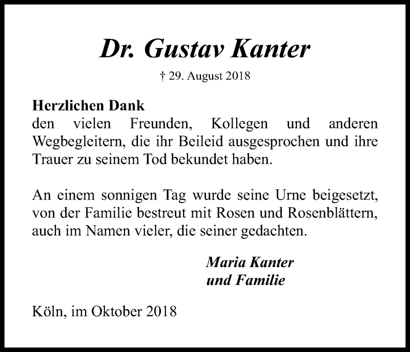  Traueranzeige für Gustav Kanter vom 20.10.2018 aus Kölner Stadt-Anzeiger / Kölnische Rundschau / Express