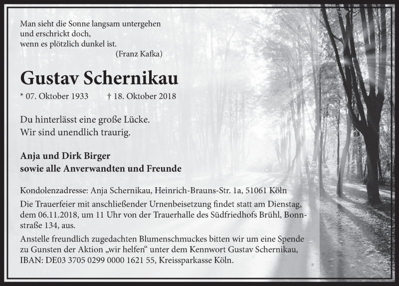  Traueranzeige für Gustav Schernikau vom 31.10.2018 aus  Schlossbote/Werbekurier 