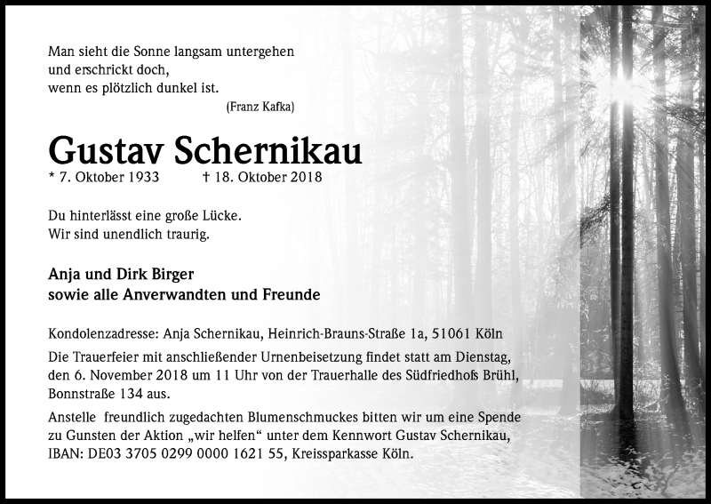  Traueranzeige für Gustav Schernikau vom 27.10.2018 aus Kölner Stadt-Anzeiger / Kölnische Rundschau / Express