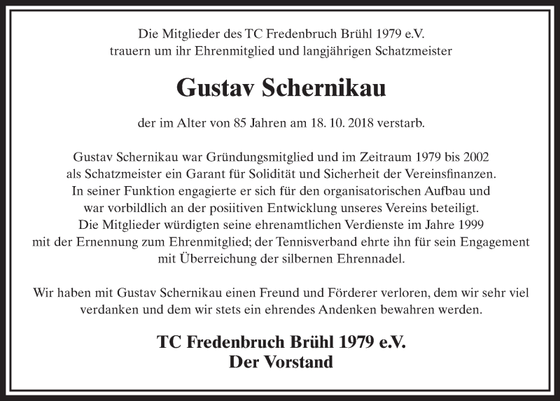  Traueranzeige für Gustav Schernikau vom 31.10.2018 aus  Schlossbote/Werbekurier 
