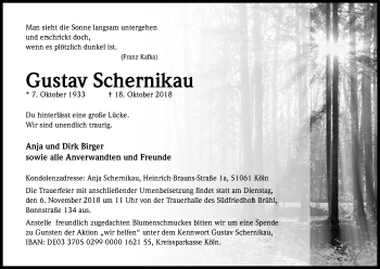 Anzeige von Gustav Schernikau von Kölner Stadt-Anzeiger / Kölnische Rundschau / Express