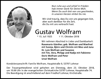 Anzeige von Gustav Wolfram von Kölner Stadt-Anzeiger / Kölnische Rundschau / Express