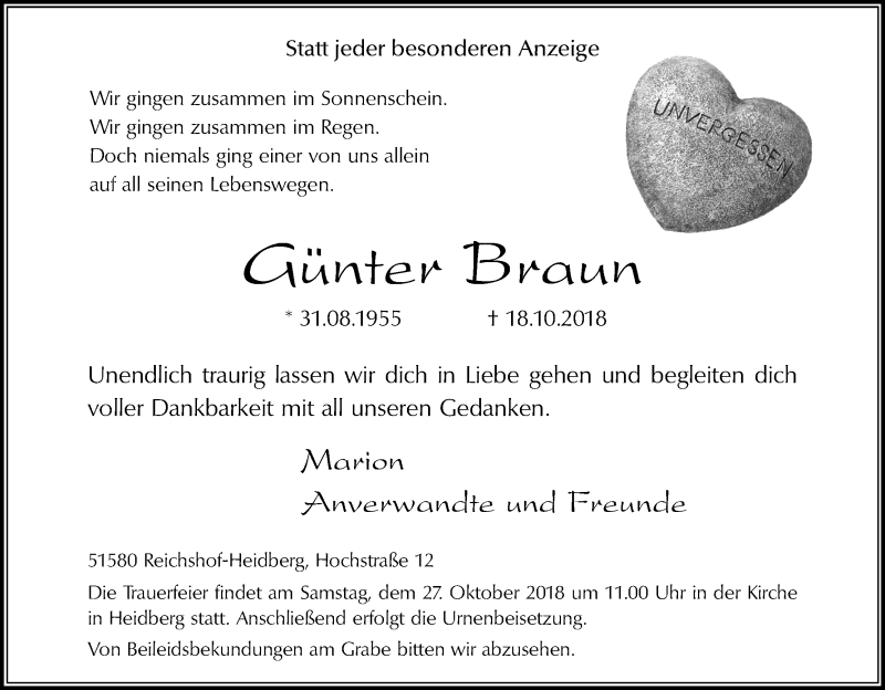 Traueranzeige für Günter Braun vom 20.10.2018 aus Kölner Stadt-Anzeiger / Kölnische Rundschau / Express