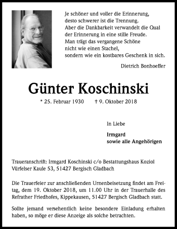 Anzeige von Günter Koschinski von Kölner Stadt-Anzeiger / Kölnische Rundschau / Express