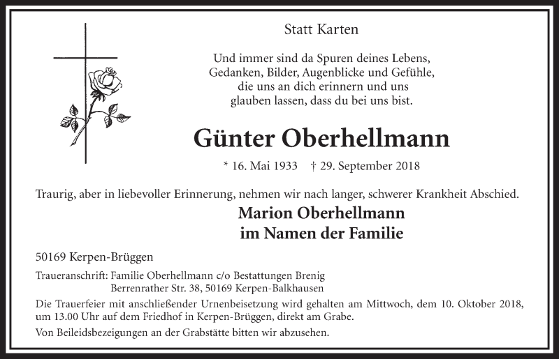  Traueranzeige für Günter Oberhellmann vom 06.10.2018 aus  Sonntags-Post 
