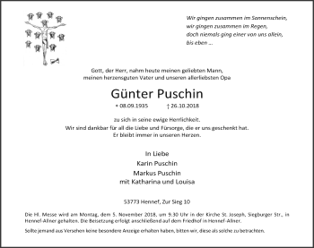Anzeige von Günter Puschin von Kölner Stadt-Anzeiger / Kölnische Rundschau / Express