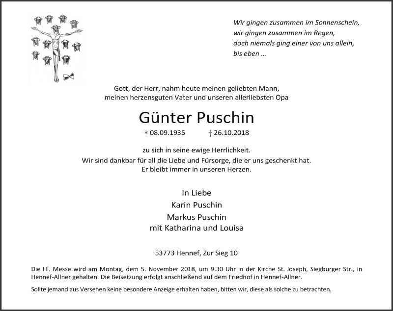  Traueranzeige für Günter Puschin vom 01.11.2018 aus Kölner Stadt-Anzeiger / Kölnische Rundschau / Express
