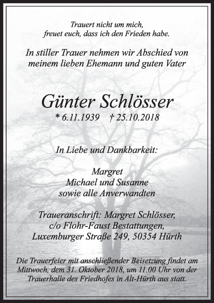  Traueranzeige für Günter Schlösser vom 27.10.2018 aus  Sonntags-Post 
