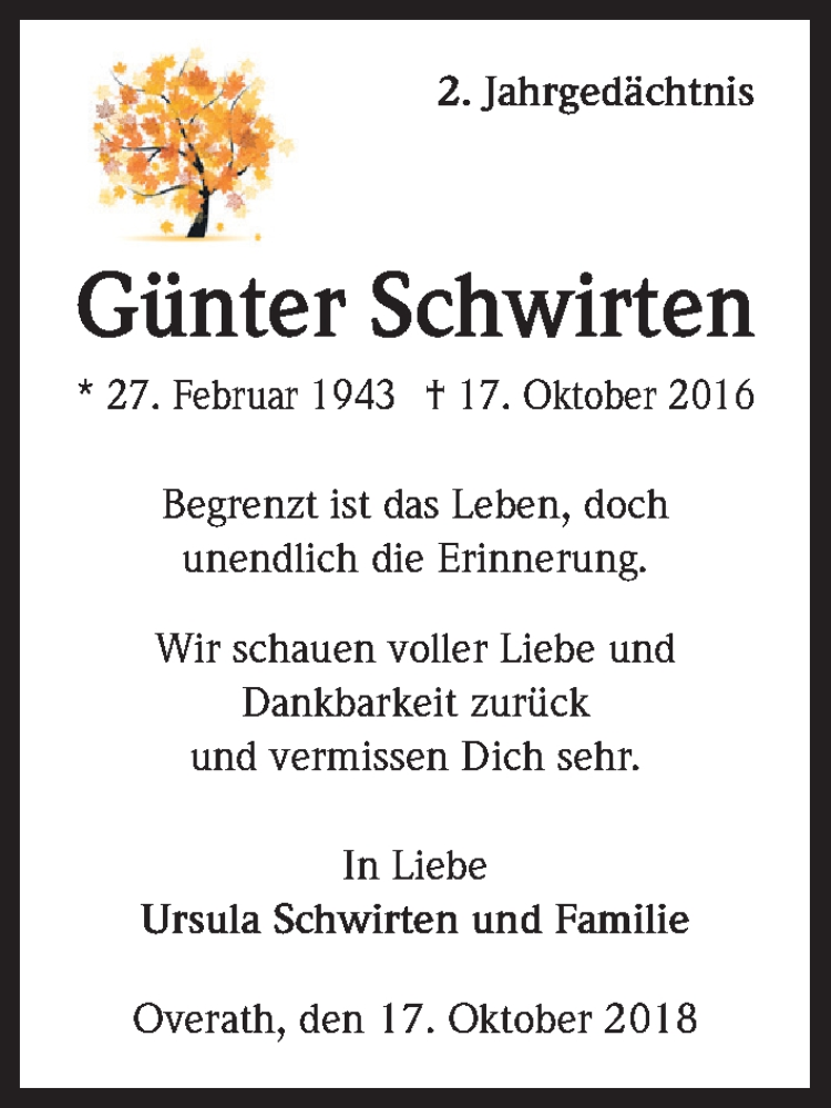  Traueranzeige für Günter Schwirten vom 17.10.2018 aus Kölner Stadt-Anzeiger / Kölnische Rundschau / Express