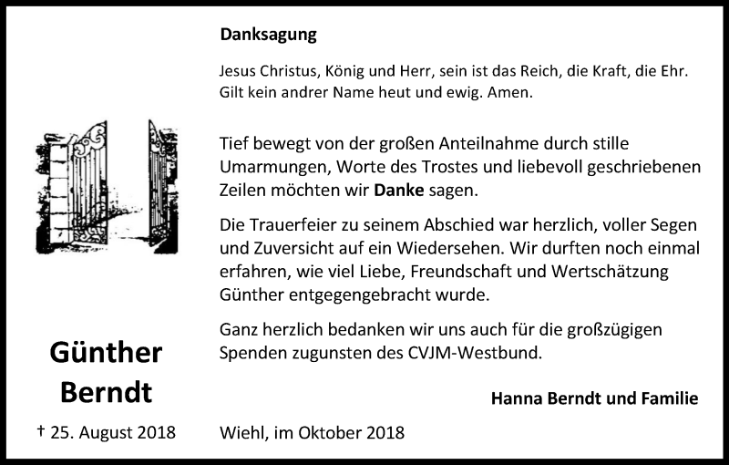  Traueranzeige für Günther Berndt vom 27.10.2018 aus Kölner Stadt-Anzeiger / Kölnische Rundschau / Express