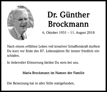 Anzeige von Günther Brockmann von Kölner Stadt-Anzeiger / Kölnische Rundschau / Express