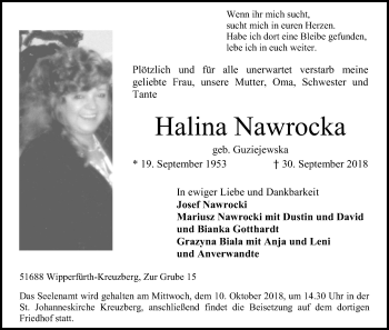 Anzeige von Halina Nawrocka von Kölner Stadt-Anzeiger / Kölnische Rundschau / Express