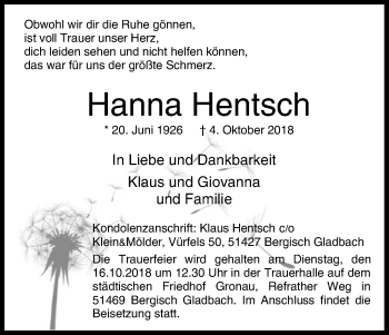 Anzeige von Hanna Hentsch von Kölner Stadt-Anzeiger / Kölnische Rundschau / Express