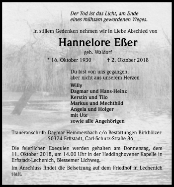 Anzeige von Hannelore Eßer von Kölner Stadt-Anzeiger / Kölnische Rundschau / Express