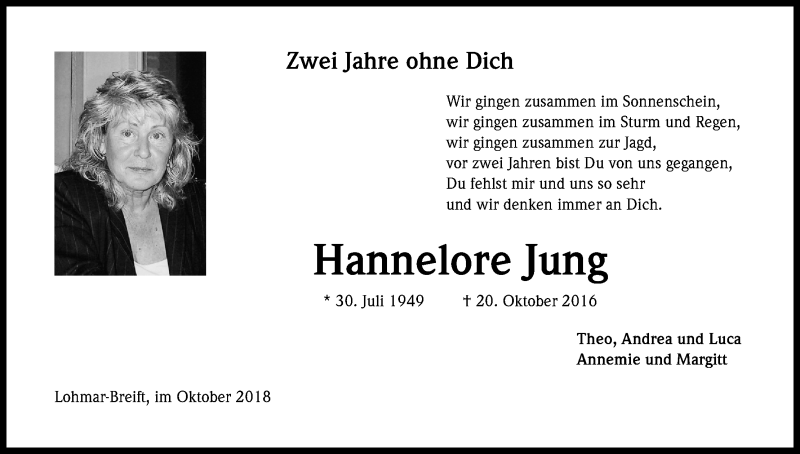 Traueranzeige für Hannelore Jung vom 20.10.2018 aus Kölner Stadt-Anzeiger / Kölnische Rundschau / Express