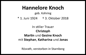 Anzeige von Hannelore Knoch von Kölner Stadt-Anzeiger / Kölnische Rundschau / Express