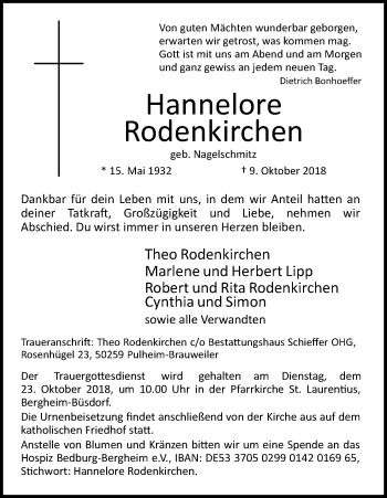 Anzeige von Hannelore Rodenkirchen von Kölner Stadt-Anzeiger / Kölnische Rundschau / Express
