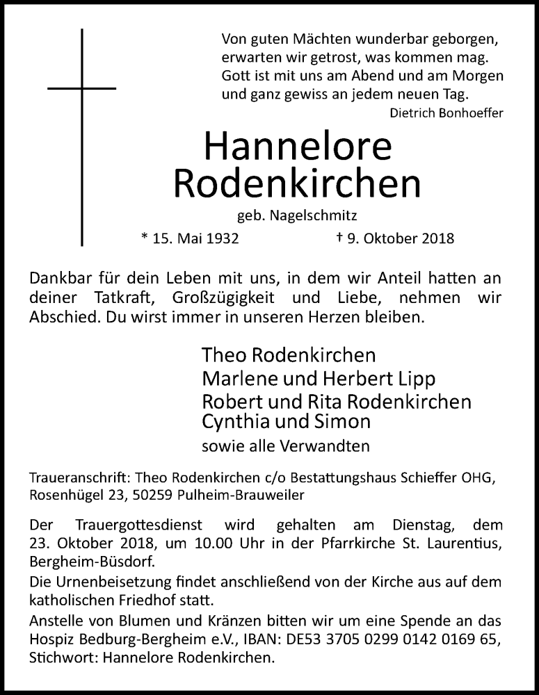  Traueranzeige für Hannelore Rodenkirchen vom 17.10.2018 aus Kölner Stadt-Anzeiger / Kölnische Rundschau / Express
