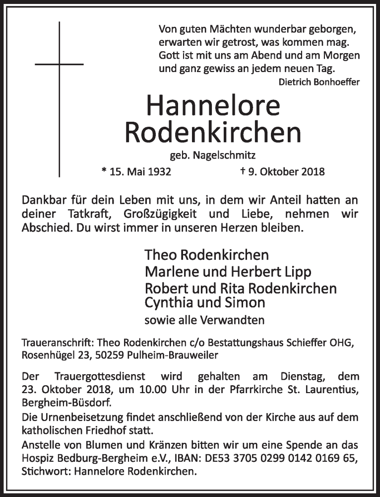  Traueranzeige für Hannelore Rodenkirchen vom 20.10.2018 aus  Sonntags-Post 