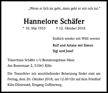 Anzeige von Hannelore Schäfer von Kölner Stadt-Anzeiger / Kölnische Rundschau / Express