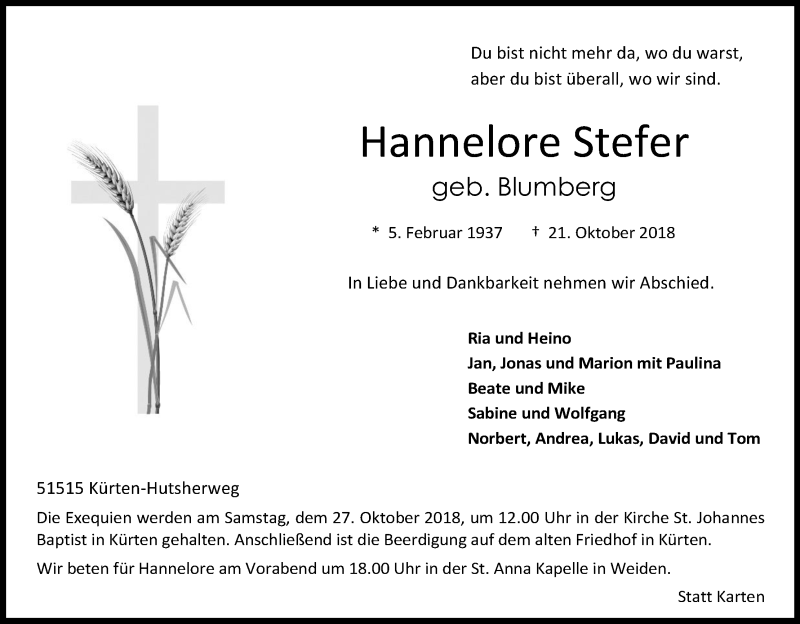  Traueranzeige für Hannelore Stefer vom 24.10.2018 aus Kölner Stadt-Anzeiger / Kölnische Rundschau / Express
