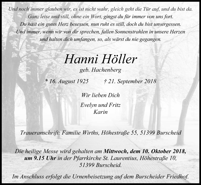  Traueranzeige für Hanni Höller vom 06.10.2018 aus Kölner Stadt-Anzeiger / Kölnische Rundschau / Express