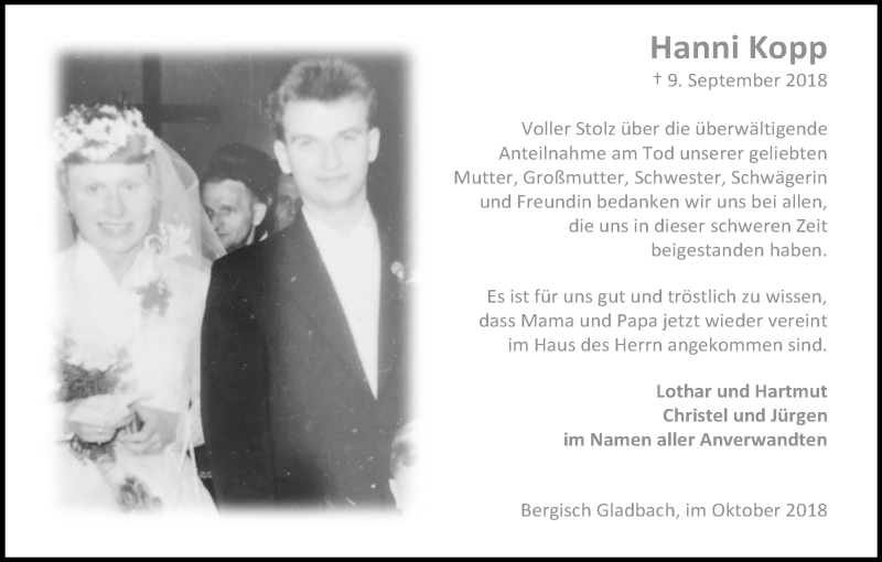  Traueranzeige für Hanni Kopp vom 27.10.2018 aus Kölner Stadt-Anzeiger / Kölnische Rundschau / Express