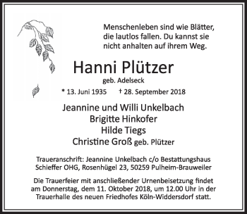 Anzeige von Hanni Plützer von  Kölner Wochenspiegel 