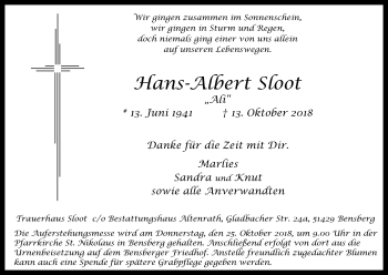 Anzeige von Hans-Albert Sloot von Kölner Stadt-Anzeiger / Kölnische Rundschau / Express