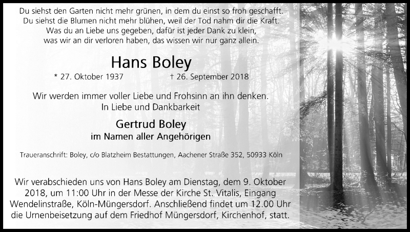  Traueranzeige für Hans Boley vom 06.10.2018 aus Kölner Stadt-Anzeiger / Kölnische Rundschau / Express