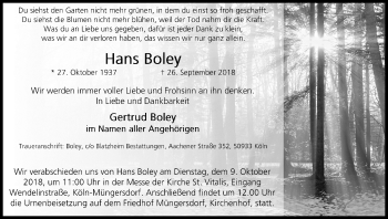 Anzeige von Hans Boley von Kölner Stadt-Anzeiger / Kölnische Rundschau / Express
