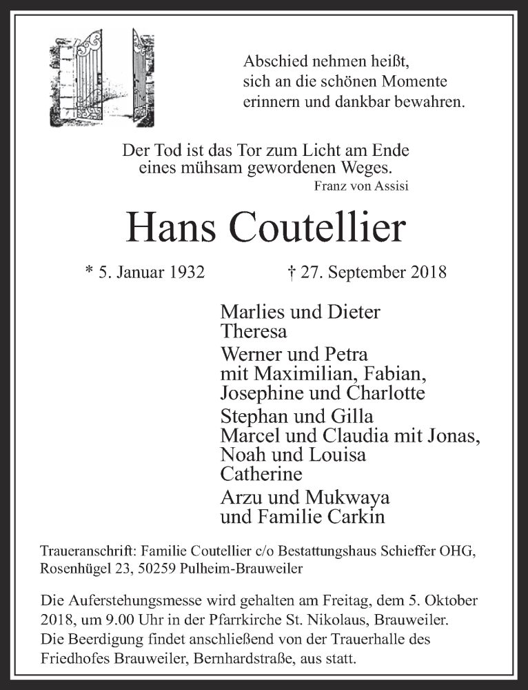  Traueranzeige für Hans Coutellier vom 03.10.2018 aus  Wochenende 