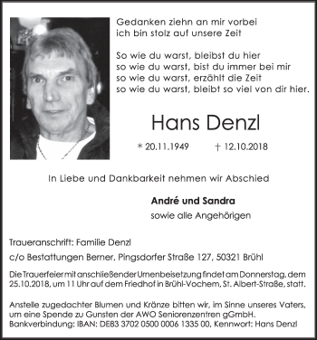 Anzeige von Hans Denzl von  Schlossbote/Werbekurier 
