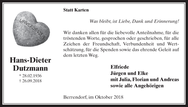  Traueranzeige für Hans-Dieter Dutzmann vom 24.10.2018 aus  Werbepost 