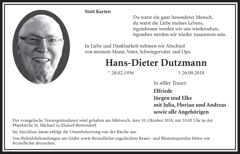  Traueranzeige für Hans-Dieter Dutzmann vom 06.10.2018 aus  Sonntags-Post 