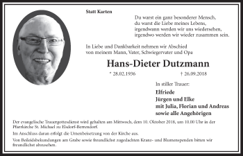 Anzeige von Hans-Dieter Dutzmann von  Sonntags-Post 