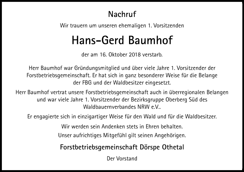  Traueranzeige für Hans-Gerd Baumhof vom 20.10.2018 aus Kölner Stadt-Anzeiger / Kölnische Rundschau / Express